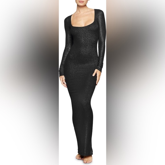 SKIMS Black Soft Lounge Shimmer Long Sleeve Maxi Dress XXS Onyx Foil - Picture 1 of 10